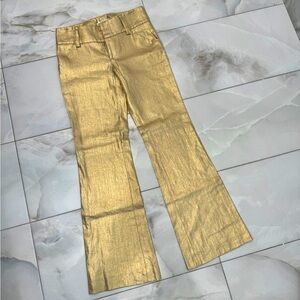 Alice+Olivia "Melissa" Metallic Textured Golden Linen Low Rise Flare Pant Size 2